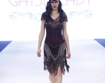 Size US10 Plum 1920s Vintage inspired Great Gatsby Art Deco Charleston Swing Fringe Wedding guest Bridesmaids dress Handmade