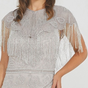 Silver Embellished Cape 1920s inspired Flapper Wedding Prom Jacket Bolero Great Gatsby Art Deco beaded Fringe Tassel Bohemian Shrug cape