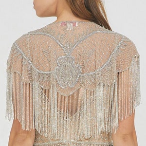 Blush Silver Embellished Cape 1920s inspired Flapper Wedding Prom Jacket Bolero Great Gatsby Art Deco beaded Fringe Bohemian Shrug cape