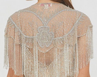 Blush Silver Embellished Cape 1920s inspired Flapper Wedding Prom Jacket Bolero Great Gatsby Art Deco beaded Fringe Bohemian Shrug cape