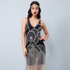 US14 Black Silver 1920s Vintage inspired Great Gatsby Art Deco Charleston Swing Fringe Wedding guest Bridesmaids dress