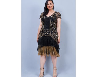 Plus Size Edith Black Gold Fringe Flapper Dress Slip Included 20s Great Gatsby Art Deco Charleston Downton Abbey Bridesmaid Wedding