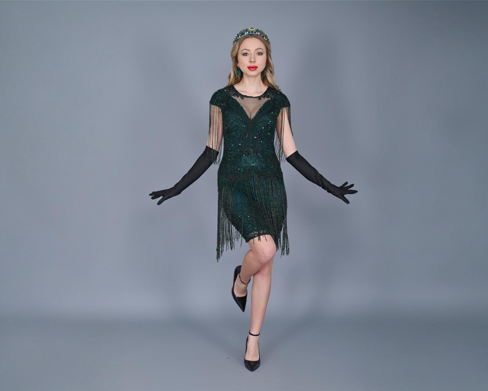 green emerald velvet dress Wedtrend Women's Great Gatsby Dress Beaded Fringed Dark Green Flapper Dress, Dark Green / L main image 0