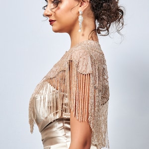 Blush Embellished Cape 1920s inspired Flapper Wedding Prom Jacket Bolero Great Gatsby Art Deco beaded Fringe Bohemian Shrug cape