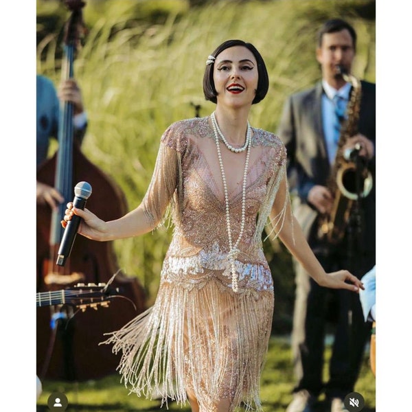 Abito da damigella d'onore con frange, stile flapper anni '20, ispirato al Grande Gatsby, stile Art Déco, stile Charleston Swing, stile Blush
