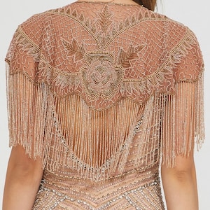 Rosegold Embellished Cape 1920s inspired Flapper Wedding Prom Jacket Bolero Great Gatsby Art Deco beaded Fringe Bohemian Shrug cape