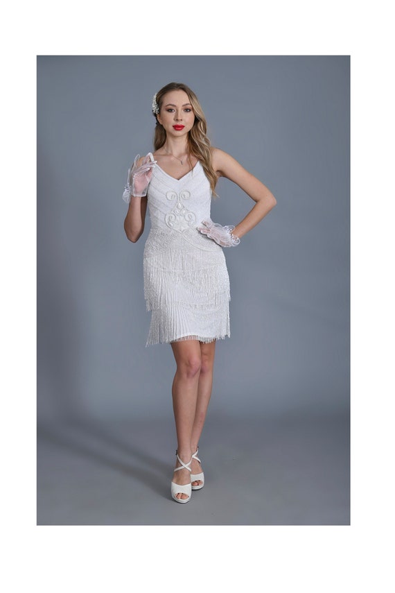 white beaded flapper dress Limited Edition Size Flapper 1920s Vintage inspired Great Gatsby Art Deco Charleston Swing Fringe Wedding reception Bridal shower dress