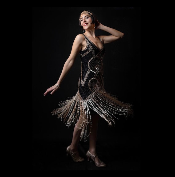 US4 Black Gold 1920s Vintage Inspired Great Gatsby Art Deco Charleston Swing Fringe Wedding Guest Bridesmaids Dress Etsy