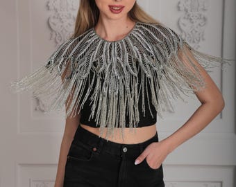 Black Silver Embellished Cape 1920s inspired Flapper Wedding Prom Jacket Bolero Great Gatsby Art Deco beaded Fringe Bohemian Shrug cape