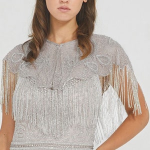 Silver Embellished Cape 1920s inspired Flapper Wedding Prom Jacket Bolero Great Gatsby Art Deco beaded Fringe Tassel Bohemian Shrug cape