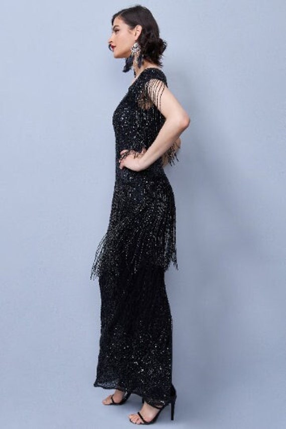 Maxi Prom Black 1920s Vintage Inspired Great Gatsby Art Deco Charleston Swing Fringe Wedding Bridesmaids Dress