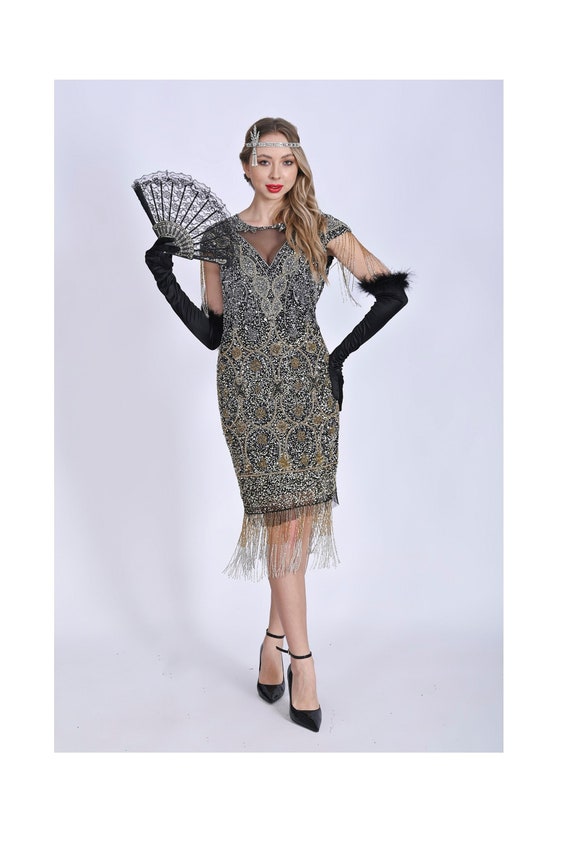 gold tassel dress plus size Rose Gold Plus Size Star Tassel Beaded Plunge Mini Dress