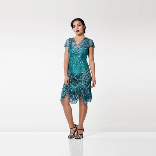 Flapper Teal 1920s Vintage Inspired Great Gatsby Art Deco Charleston Swing Fringe Wedding Guest Bridesmaids Dress Handmade Etsy