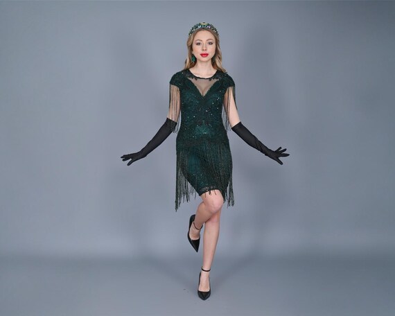 Size US10 Green 1920s Vintage Inspired Great Gatsby Art Deco Charleston Swing Fringe Wedding Guest Bridesmaids Dress