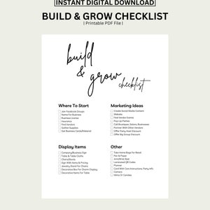 Puede incluir: Una lista de verificaci&oacute;n en blanco y negro titulada "Build & Grow Checklist" con secciones para "Where To Start", "Marketing Ideas", "Display Items" y "Other". La lista de verificaci&oacute;n incluye elementos como "Join Facebook Groups", "Create Social Media Content", "Company/Business Sign" y "Take Home Bags For Retail".