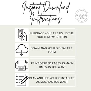 Puede incluir: Un gr&aacute;fico con cuatro pasos para descargar un archivo digital. Los pasos son: comprar el archivo usando el bot&oacute;n "Comprar ahora", descargar el formulario de archivo digital, imprimir las p&aacute;ginas deseadas tantas veces como quieras y planificar y usar tus imprimibles tanto como quieras.