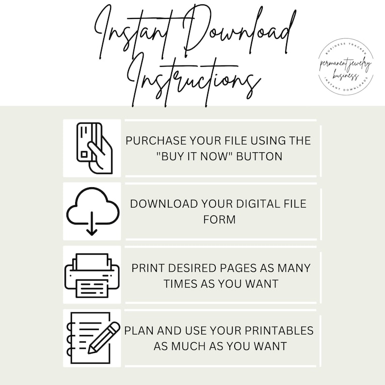 Puede incluir: Un gr&aacute;fico con cuatro pasos para descargar un archivo digital. Los pasos son: comprar el archivo usando el bot&oacute;n "Comprar ahora", descargar el formulario de archivo digital, imprimir las p&aacute;ginas deseadas tantas veces como quieras y planificar y usar tus imprimibles tanto como quieras.