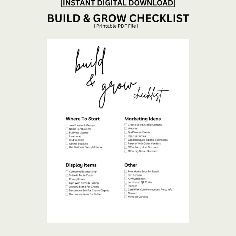 Puede incluir: Una lista de verificaci&oacute;n en blanco y negro titulada "Build & Grow Checklist" con secciones para "Where To Start", "Marketing Ideas", "Display Items" y "Other". La lista de verificaci&oacute;n incluye elementos como "Join Facebook Groups", "Create Social Media Content", "Company/Business Sign" y "Take Home Bags For Retail".