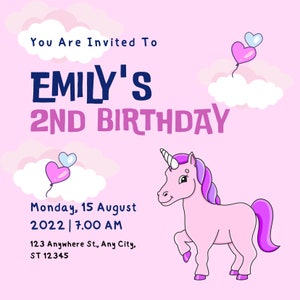 Editable birthday invitation | Unicorn birthday party | Unicorn invitation | Unicorn invitation | Digital invitation | Canva template