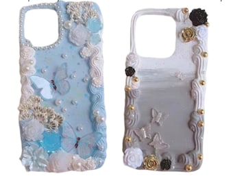 Finished Handmade Decoden Phone Case | Pearl Flowers Roses Butterflies Pearls | Samsung | Android | Apple iPhone | Tablet