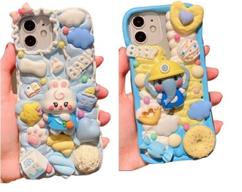 Finished Handmade Decoden Phone Case | Kawaii Elephant Rabbit Baby Clouds Stars Candy | Samsung | Android | Apple iPhone | Tablet