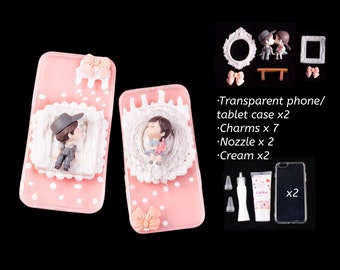 Decoden Kit fai da te per custodia telefono / Cornici Kawaii ragazzo ragazza innamorati bacio panchina fiocchi / Crema e ciondoli per Samsung / Android / Apple iPhone / Tablet