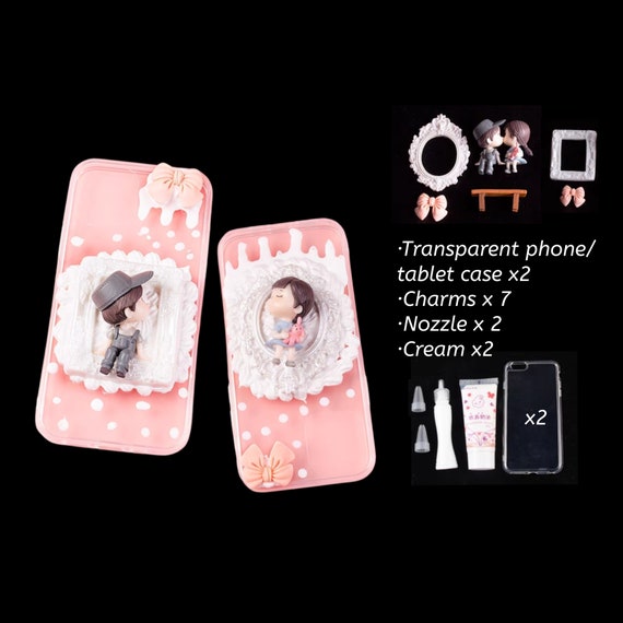 Decoden Phone Case DIY Kit Kawaii Boy Girl Lovers Kiss Bench Frames Bows  Cream and Charms for Samsung Android Apple iPhone Tablet 