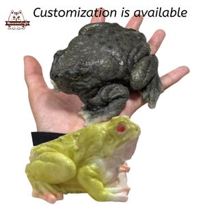 以下が含まれることがあります： 2つのリアルなカエルの置物、1つは濃いグレー、もう1つは赤い目の明るいグリーンです。カエルは人の手に乗っています。カスタマイズ可能です。