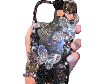 Finished Handmade Decoden Phone Case | Iridescent Butterflies Flowers Roses Frames Pearls | Samsung | Android | Apple iPhone | Tablet