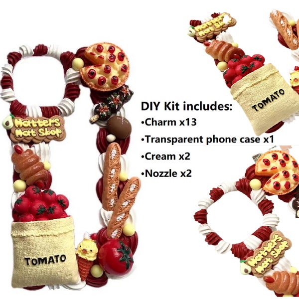 Decoden Phone Case DIY Kit Food Bread Pizza Tomatoes Wrapped Hot Dog Mushrooms | Cream Charms for Samsung | Android | Apple iPhone | Tablet