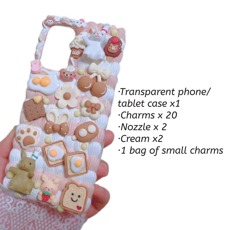 Decoden Phone Case DIY Kit | Kawaii Cat Rabbit Eggs Toast Cookies Flowers | Cream and Charms for Samsung | Android | Apple iPhone | Tablet Rabbit