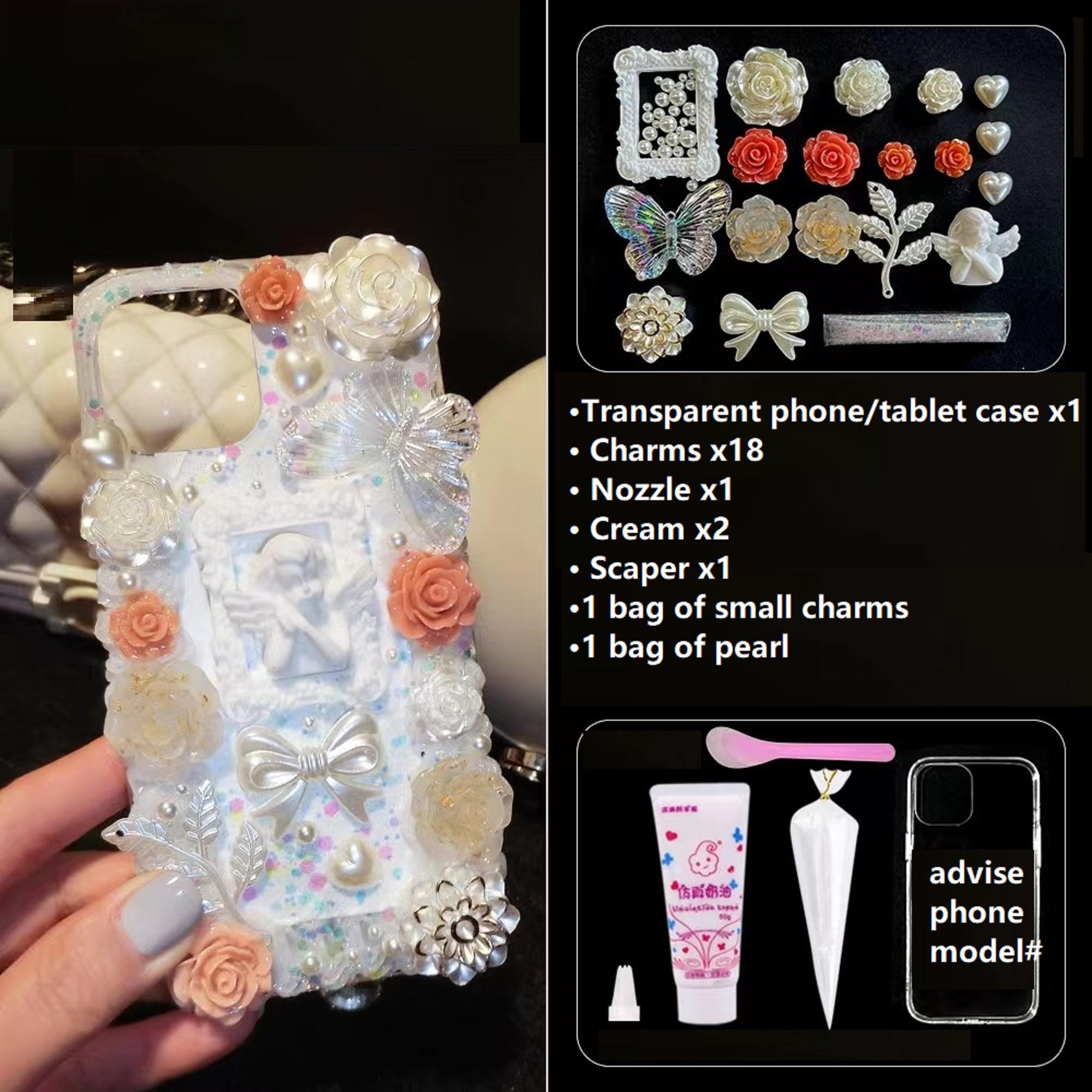 Decoden Phone Case DIY Kit Iridescent Flowers Bows Stringed Pearls Frames  Cream and Charms for Samsung Android Apple iPhone Tablet 