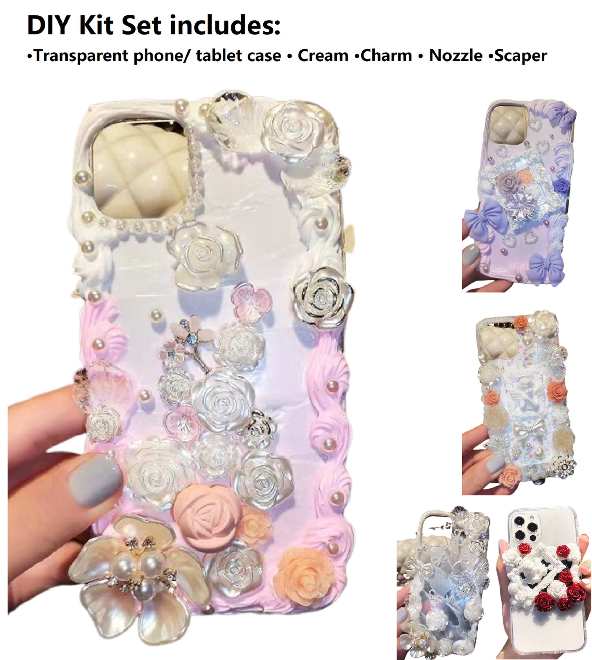 Decoden Phone Case DIY Kit White Red Roses Butterflies Frame Pearl Cream  Charms