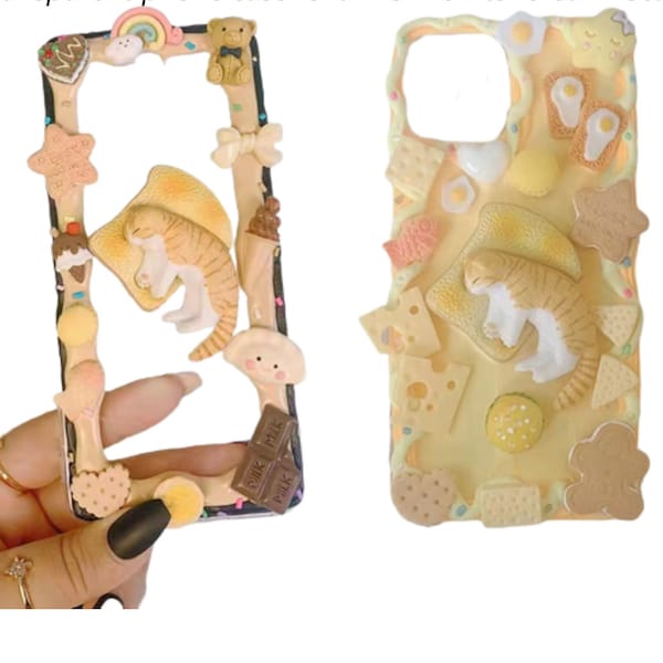 Funda para teléfono Decoden hecha a mano terminada / Gato durmiendo sobre tostadas Galletas Galletas Comida / Samsung / Android / Apple iPhone / Tableta