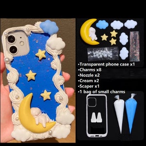 Decoden Phone Case DIY Kit | Sleepy Moon Rabbit Stars Clouds Pearls Glitter | Cream and Charms for Samsung | Android | Apple iPhone | Tablet