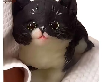 Furry Black and White Kitten Cat Shape Squishy Squeezable Stress Relief Sensory Fidget Toy