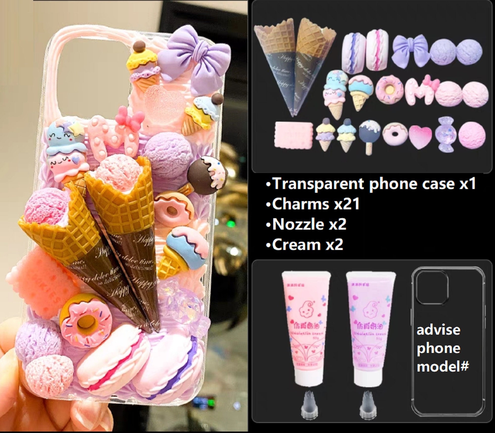 Decoden Phone Case DIY Kit Ice Cream Scoops Waffle Cones Macaroons