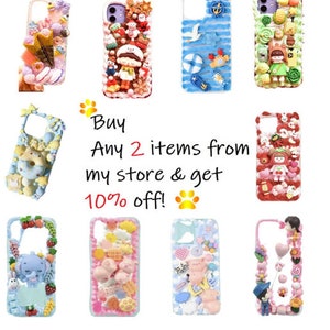 May include: Ten different phone cases decorated with colorful 3D embellishments. The cases feature various themes, including animals, food, and cartoon characters.  Buy any 2 items from my store & get 10% off!