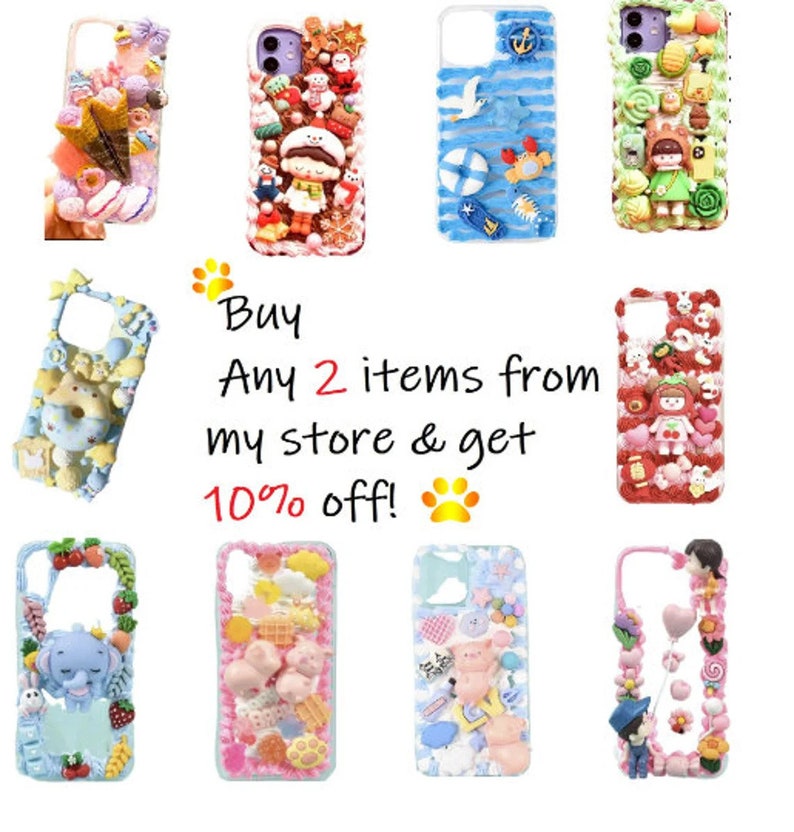 May include: Ten different phone cases decorated with colorful 3D embellishments. The cases feature various themes, including animals, food, and cartoon characters.  Buy any 2 items from my store & get 10% off!
