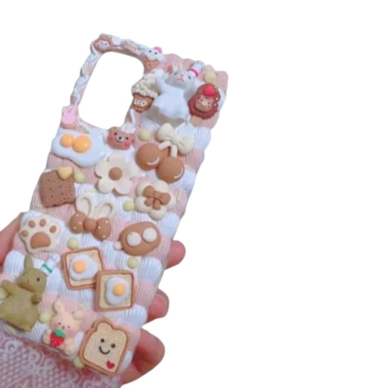 Finished Handmade Decoden Phone Case | Kawaii Cat Rabbit Eggs Toast Cookies Flowers | Android | Apple iPhone | Tablet 1
