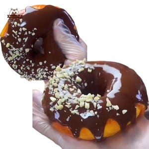 May include: Two donuts are shown, each with a chocolate glaze and topped with chopped nuts. The donuts have a golden-brown base and are held by a gloved hand. The chocolate glaze is dark brown and glossy.