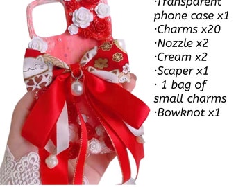 Decoden Phone Case DIY Kit | Big Red Black Bow Fortune Lucky Cat Flowers Pearls | Cream Charms for Samsung | Android | Apple iPhone | Tablet