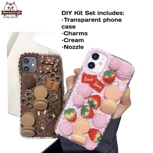 May include: Two DIY phone cases, one with a chocolate theme and the other with a strawberry and ice cream theme. Both cases have a clear background and are decorated with 3D charms.
