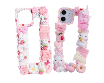 Finished Handmade Decoden Phone Case | Kawaii Rabbits Strawberries Boba Drink Candy | Samsung | Android | Apple iPhone | Tablet