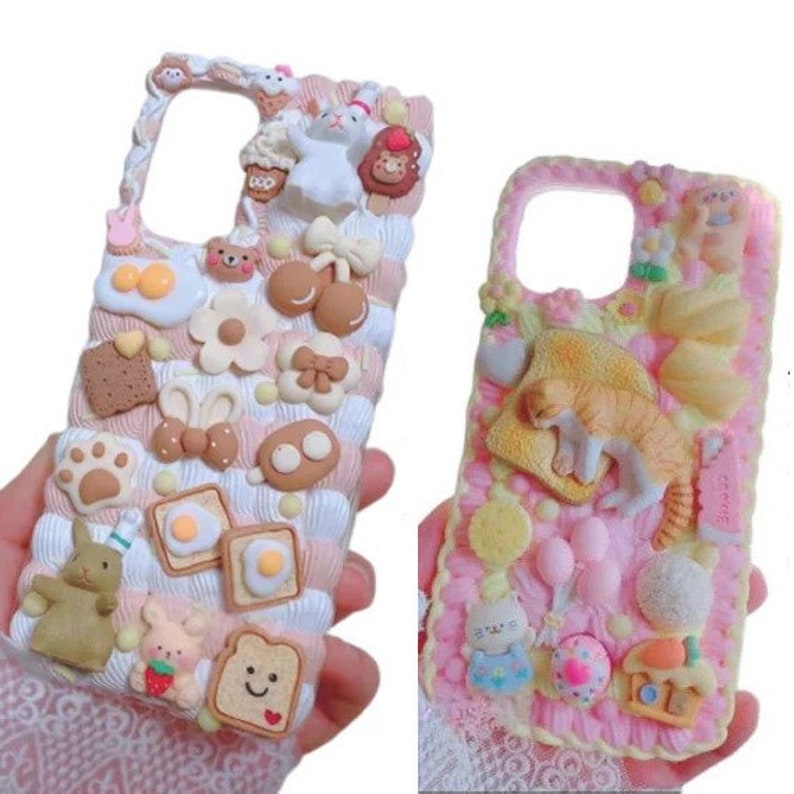 Finished Handmade Decoden Phone Case | Kawaii Cat Rabbit Eggs Toast Cookies Flowers | Android | Apple iPhone | Tablet