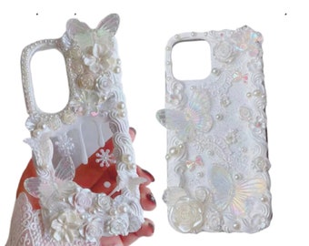 Finished Handmade Decoden Phone Case | Lace Iridescent Butterflies Flowers Pearls | Samsung | Android | Apple iPhone | Tablet