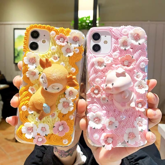 Decoden Phone Case DIY Kit Kawaii Pig Sika Baby Deer Flowers Daffodils  Pearls Cream Charms Samsung Android Apple iPhone Tablet 