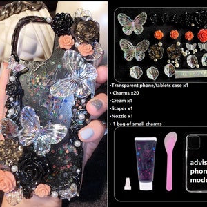 Decoden Phone Case DIY Kit Iridescent Butterflies Flowers Roses Frames Pearls | Cream Charms for Samsung | Android | Apple iPhone | Tablet