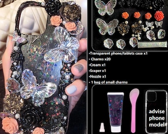 Decoden Phone Case DIY Kit Iridescent Butterflies Flowers Roses Frames Pearls | Cream Charms for Samsung | Android | Apple iPhone | Tablet