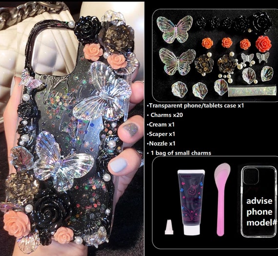 Decoden Phone Case DIY Kit Iridescent Flowers Bows Stringed Pearls Frames  Cream and Charms for Samsung Android Apple iPhone Tablet 